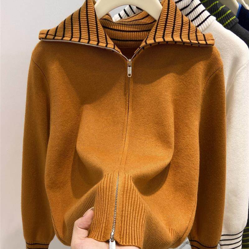 设计感条纹翻领双拉炼长袖针织开衫女秋冬新款修身独特百搭小上衣,女装/女士精品,毛针织衫,淘宝优惠券,粉丝福利购,淘宝优惠卷