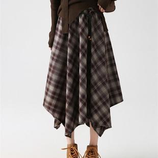 琥珀系不规则毛呢格子半身裙女秋冬覆古咖色中长伞裙遮胯a字半裙