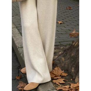 毛呢针织裤羊毛阔腿裤女春秋浣熊绒米色裤子软糯垂感羊绒裤糯米裤