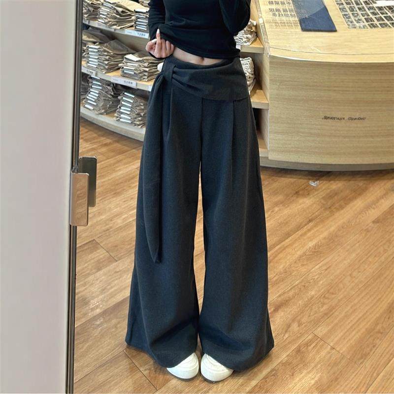 灰色加厚毛呢西装阔腿裤女秋冬季设计感绑带高腰垂感直筒休闲裤子,女装/女士精品,休闲裤,淘宝优惠券,粉丝福利购,淘宝优惠卷