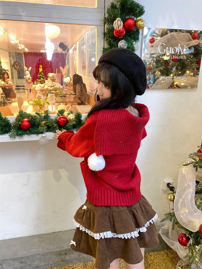 AFairyfanfan新年甜妹风本命年红毛球小熊海军领毛衣厚实冬保暖