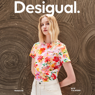 Desigual宽松花朵印花刺绣圆领短袖女式T恤夏季上衣女