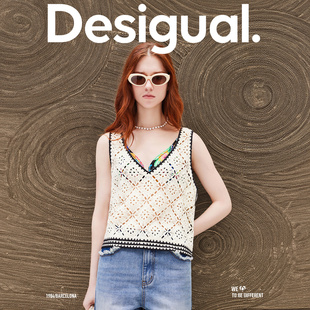 Desigual菱格镂空钩针无袖女式针织背心V领上衣女罩衫