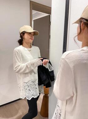 蕾丝拼接长袖T恤女2025秋季新款韩版设计感宽松慵懒内搭打底上衣