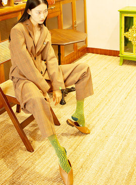 Tomoz Echo纯棉袜短袜高长筒袜男女绿色棕色菱格时尚百搭春秋袜子