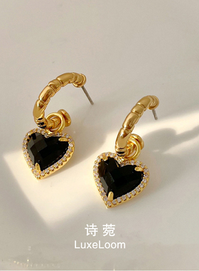 诗菀LuxeLoom 925银针黑色爱心耳环C型桃心吊坠耳钉A0107