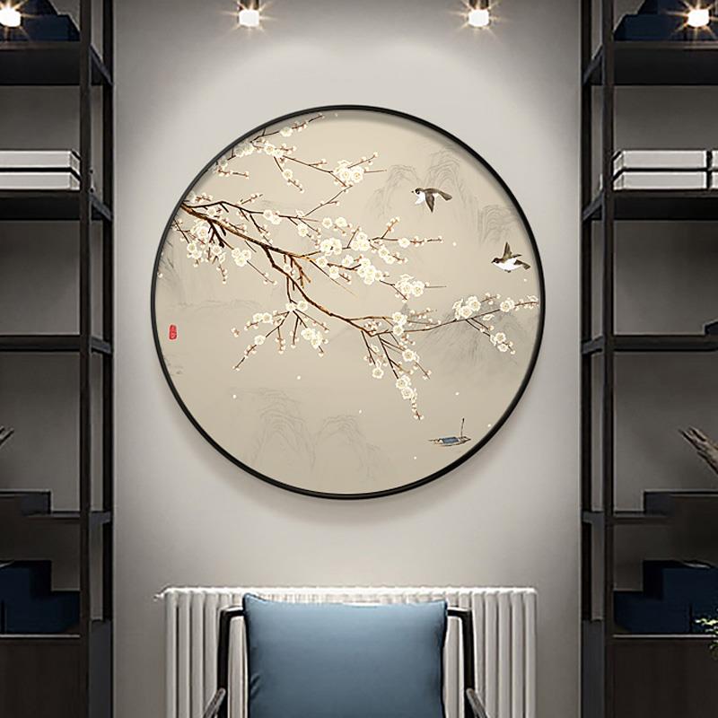 餐厅挂画新中式圆形玄关装饰画茶室走廊过道壁画客厅背景墙花鸟画