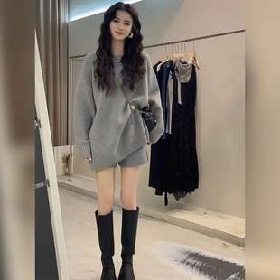 针织毛衣白色连衣裙子女秋冬季大衣内搭高级感穿搭配一整套装早秋