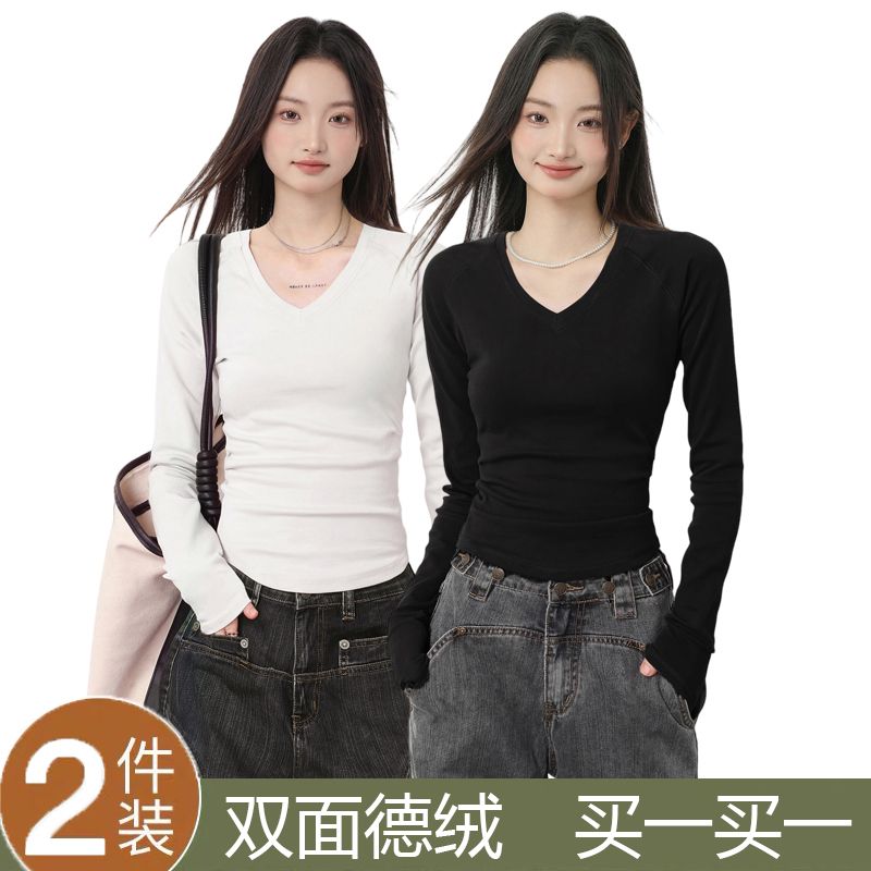 白色v领正肩长袖t恤女春秋秋冬辣妹内搭打底衫修身纯棉上衣2025冬