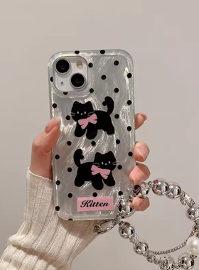 羽纱黑色波点猫咪链条适用于一加13手机壳oneplusace2竞速一加ACE3v女1+9pro羽纱1+8全包10pro个性8t小众9rt