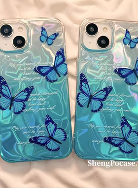 ins韩系英文蓝色蝴蝶适用于荣耀300pro/200/90GT/70/60手机壳v40全包x40绸缎x60i+畅玩50创意magic7女play7T