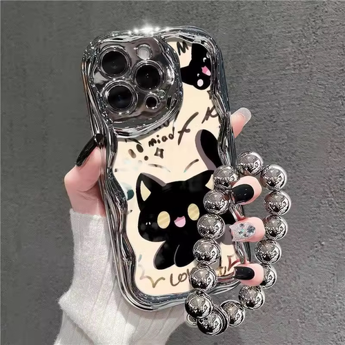 小黑猫手链银电镀适用于小米 15pro手机壳civi4/3/2小米14/13/12/9红米note14pro /K80/60E至尊/40PRO镀水