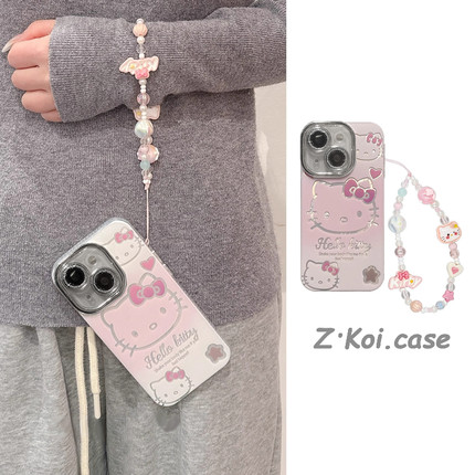 粉色镂空凯蒂猫腕带适用于红米K80proK70/60/50手机壳Note14PRO+精羽K50/40/30小米15pro/14ULTRA/13/12c/11