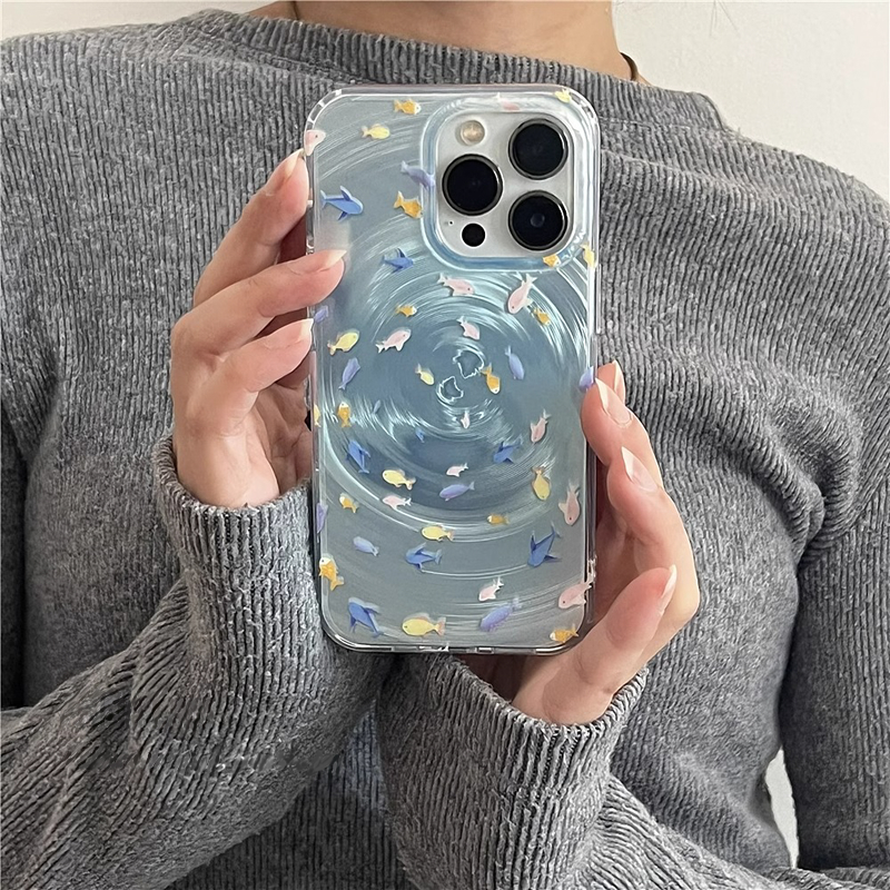 晕染蓝可爱鱼群旋涡适用于oppo reno13/12pro/10pro+/11pro手机壳findx8pro/x7pro真我GT7PRO13pro+流光IMD