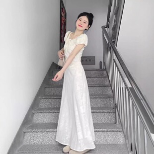 设计感连衣裙温柔风提花抽绳连衣裙夏季 法式 海边小众气质收腰显瘦