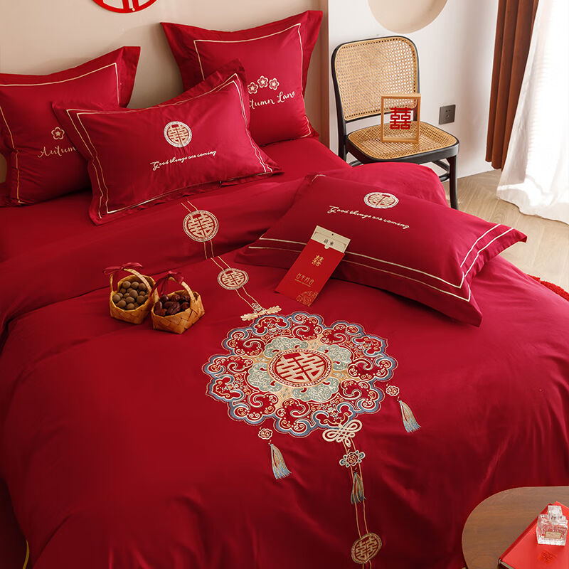 刺绣四件套happylove结婚四件套婚庆床上用床单款1.5/1.8米床适合