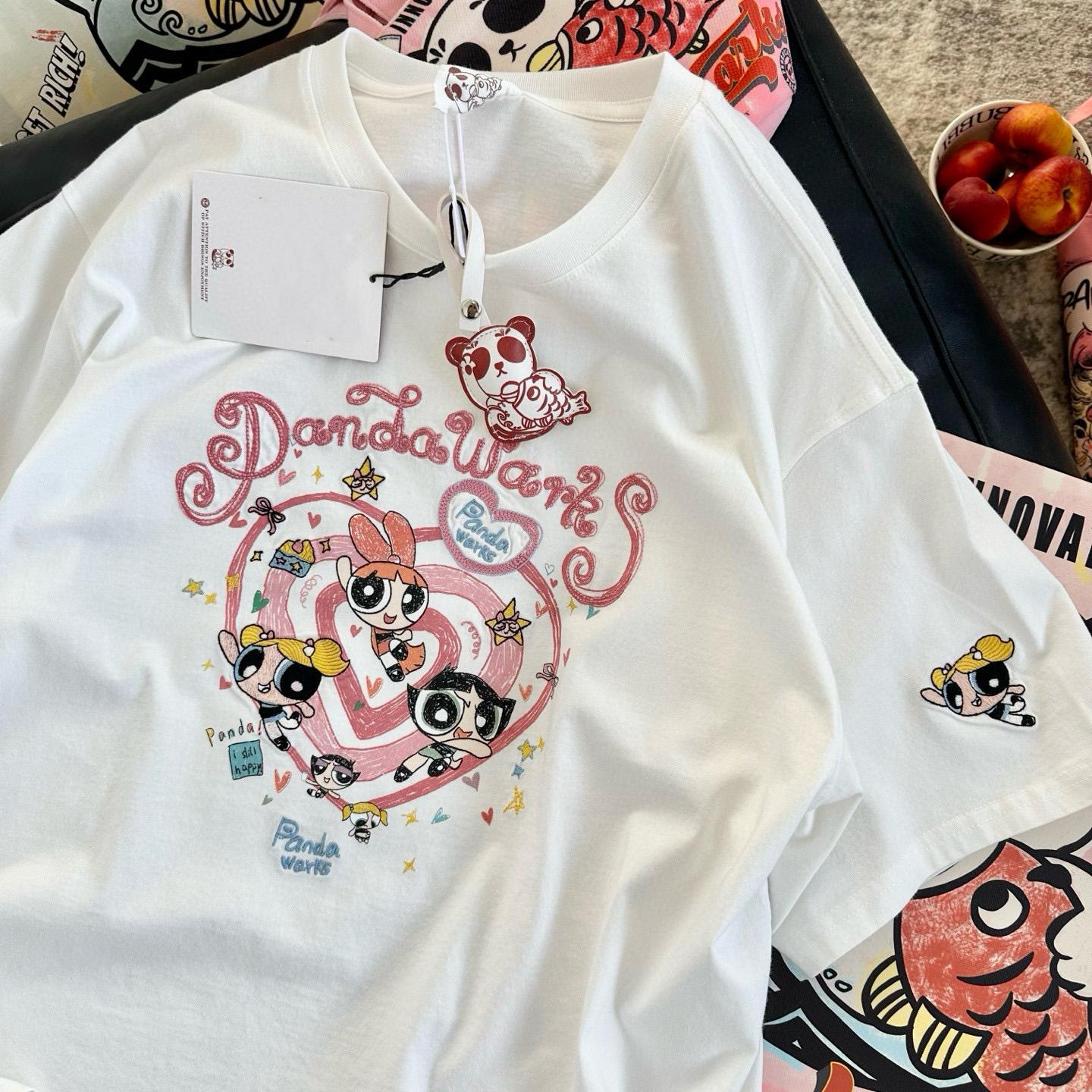 外贸原单正品尾货清仓~飞天小女警印花纯棉短袖T恤男女宽松上衣服