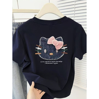 广州十三行外贸订单~韩版纯棉KT猫印花短款短袖T恤女百搭休闲上衣
