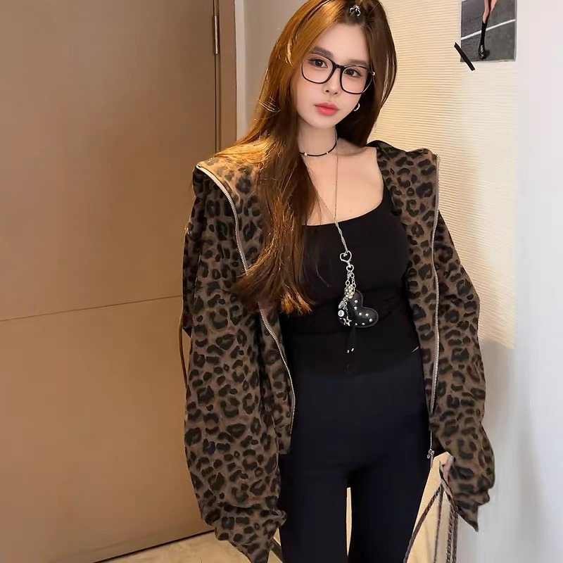 法国cherry kitty美式复古豹纹连帽长袖卫衣外套女早秋休闲风