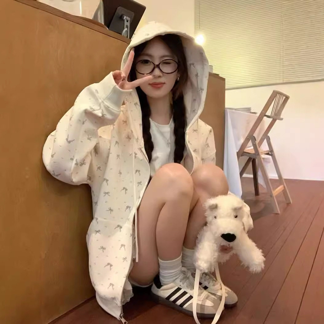 法国cherry kitty碎花拉链开衫卫衣外套女春秋oversize宽松慵懒