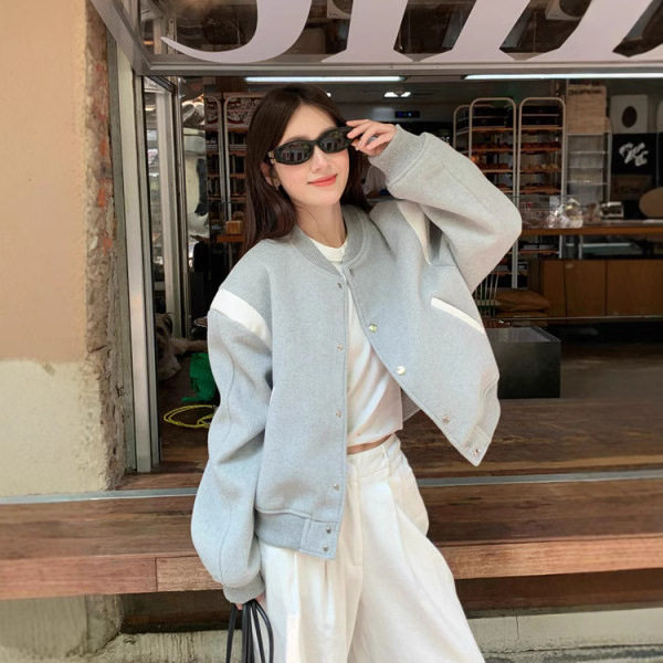 法国cherry kitty早秋灰色棒球服外套女春秋季新小个子宽松夹克