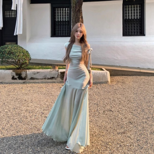 法国cherry kitty法式绿色露肩网纱连衣裙子女装夏季气质绝美收