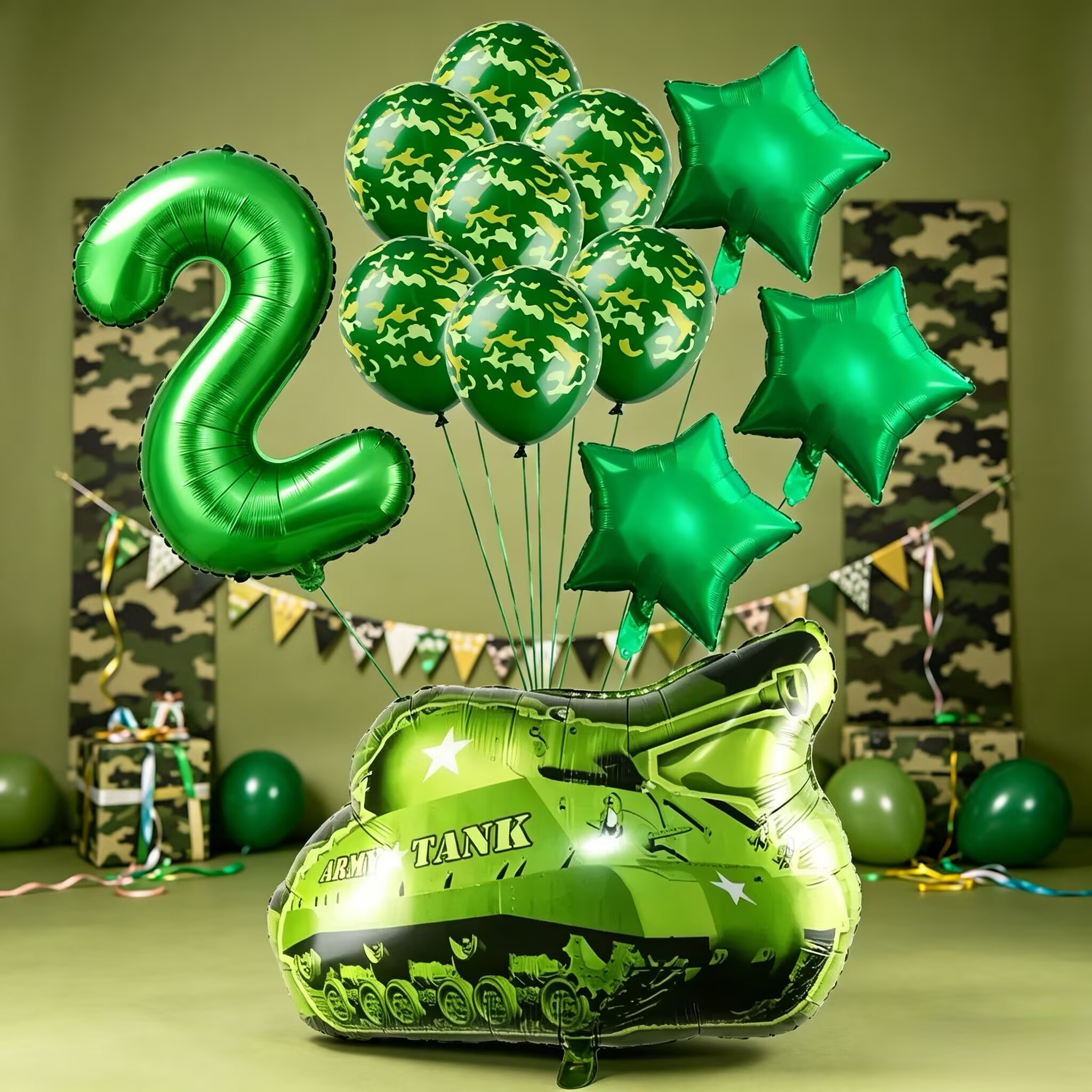 军事风迷彩坦克套装生日节日布置图片