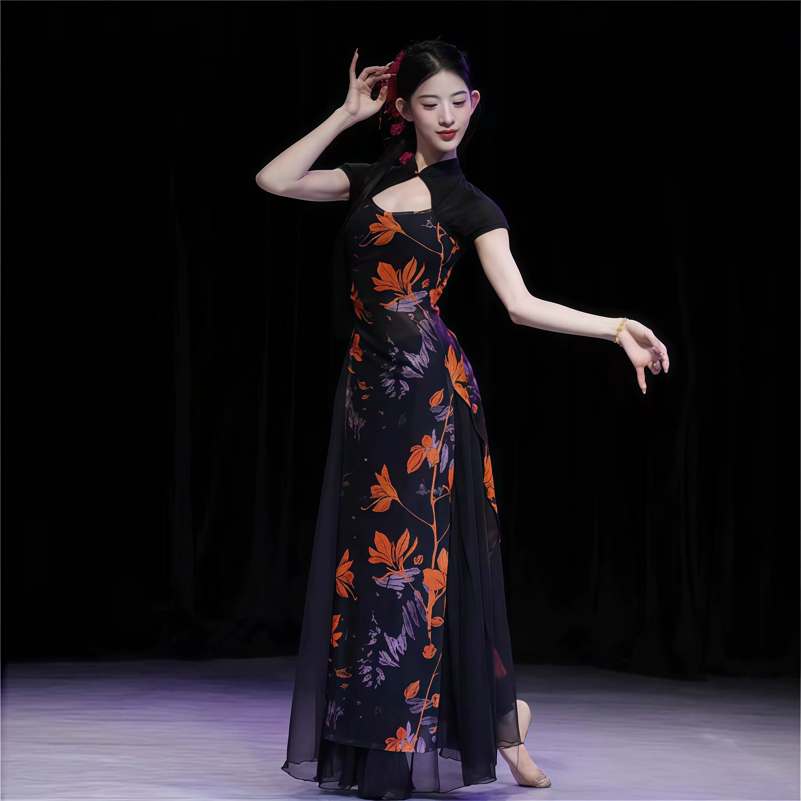 新款新中式复古古典舞裙黑色印花古典风旗袍舞蹈服民国显瘦练功服