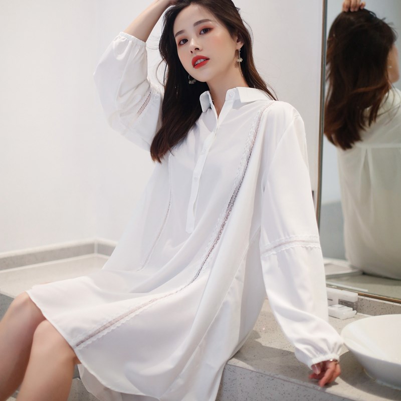 速发秋装新宽2025年性感镂空睡裙气质立领长袖上松衫款衣潮