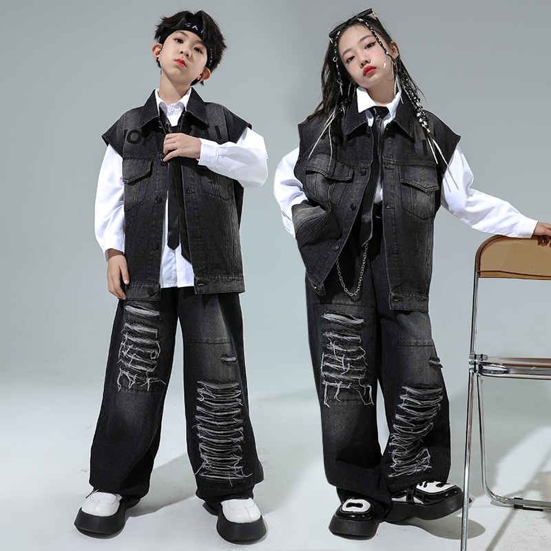 速发街舞装童潮服嘻帅牛仔马甲套儿男童hiphop服装童酷哈表演服