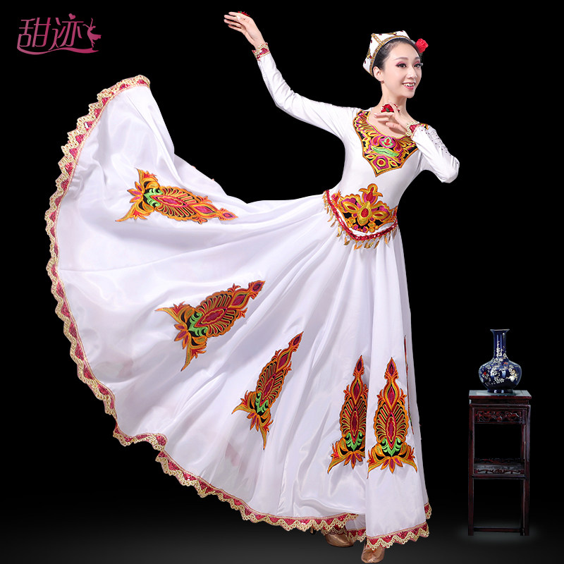速发维吾族舞蹈演出服维族裙新摆维吾尔族开装服场舞大款裙新疆演