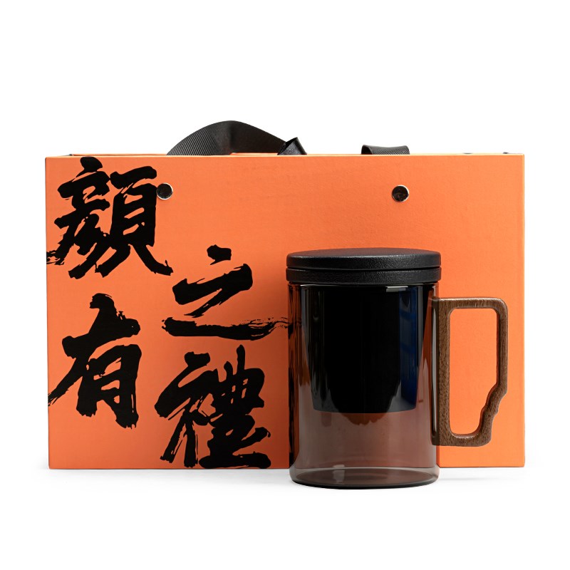 速发陶瓷玻璃办公杯家用马克杯轻奢高端带盖过滤泡茶喝水杯木柄高