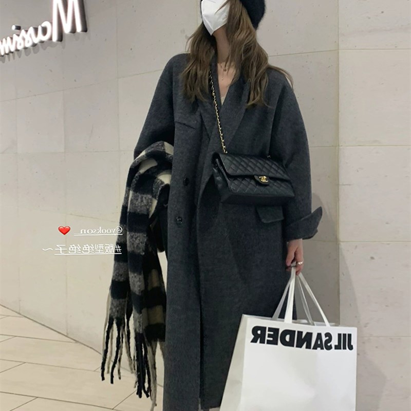 速发秋冬设计感中长款廓形茧型过膝宽加夹加棉松厚呢子大衣外套