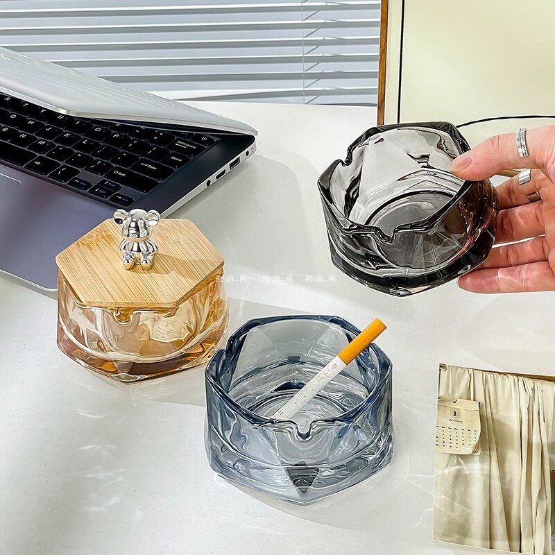 速发简约轻奢设计菱角烟灰缸小众IS风家用水晶玻璃带盖烟灰缸