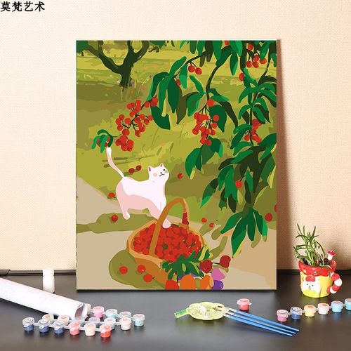 速发数树油画填装手工樱桃字下的小猫填色画画风景客厅充饰油彩画