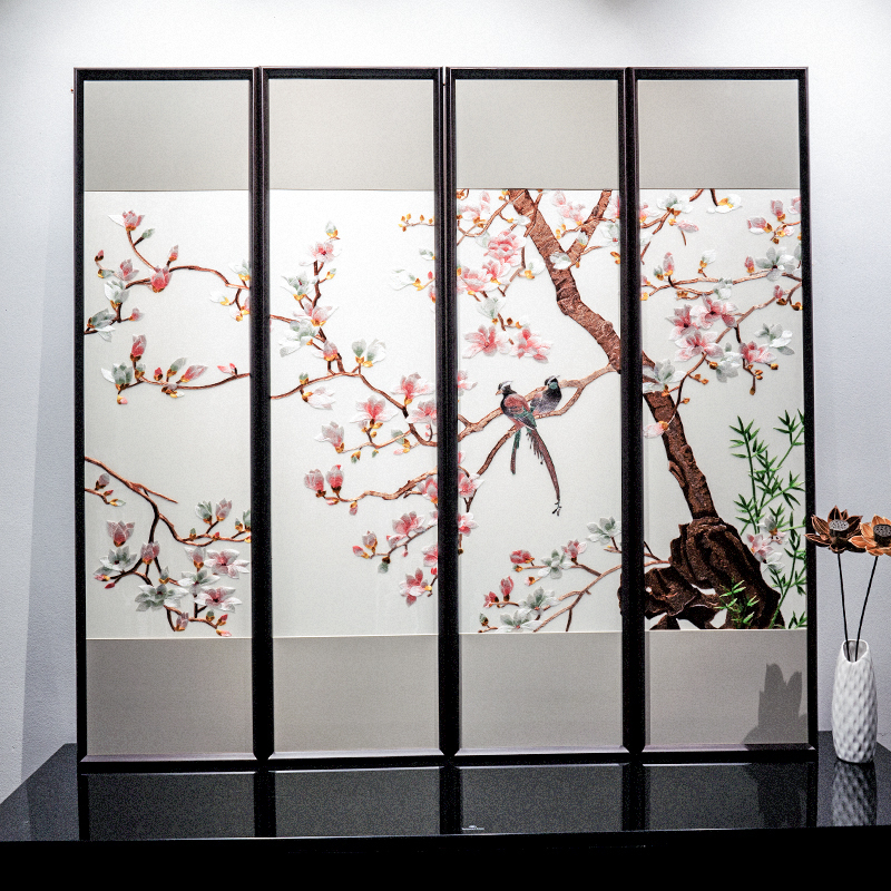 速发新中式手画苏绣成品挂丝真工布玉兰富贵客厅背景墙装饰画书房