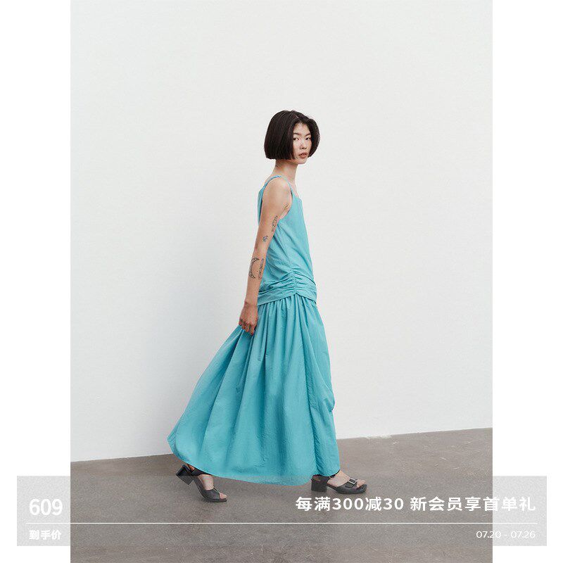 现货RadomPiece24同款 环保再生尼龙 纽结肩带斜褶大摆量方领连衣