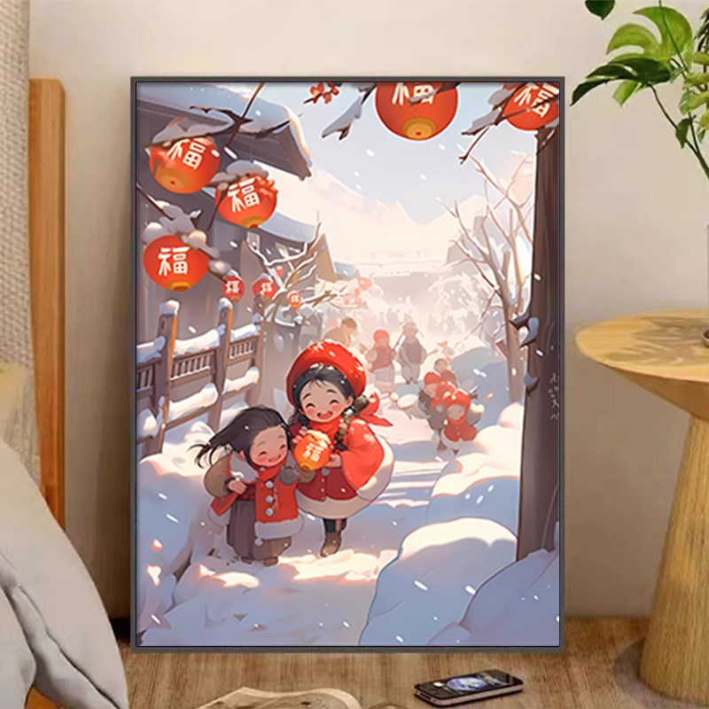 速发充年数字油画填色雪景儿童手工丙烯填新油彩装饰202新款