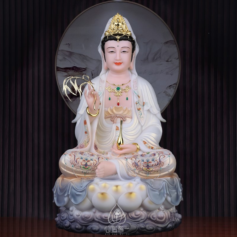 速发汉白在观世音菩萨佛像家音坐莲南海观用菩萨像观自玉菩萨神像