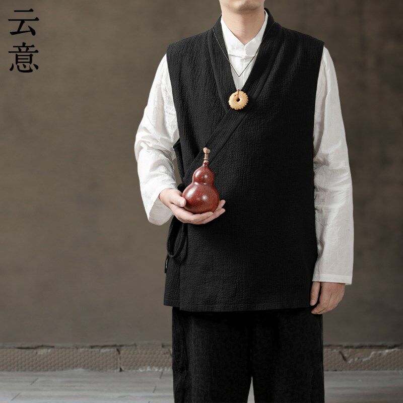 速发春襟斜汉服男中式马甲外套古风无袖坎肩国中风居士服道袍外搭