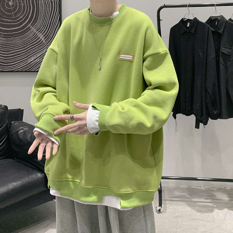 速发假两件圆款卫衣男休衫内搭打底闲秋冬装oversize情侣领上衣服