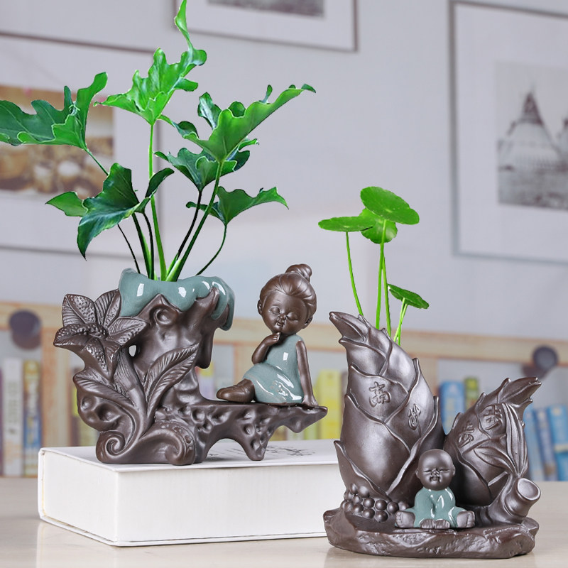 速发创意紫砂花插摆件瓷尚小花器家居装陶品茶桌绿萝花瓶饰和水培