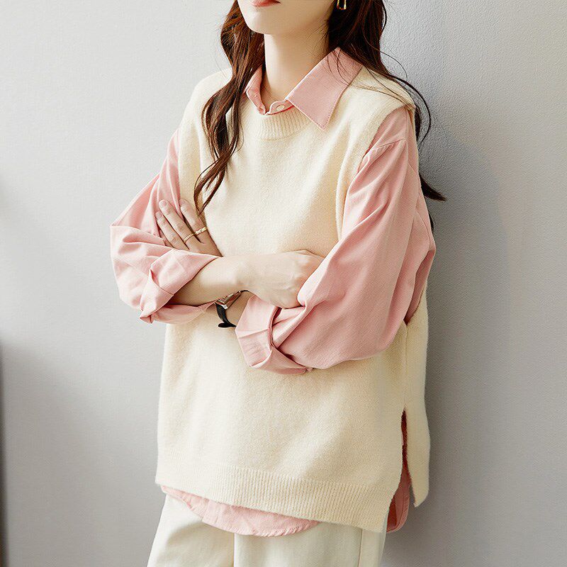 速发外024年新款秋款装领衣坎肩叠穿粉色2搭圆毛马甲针织背心