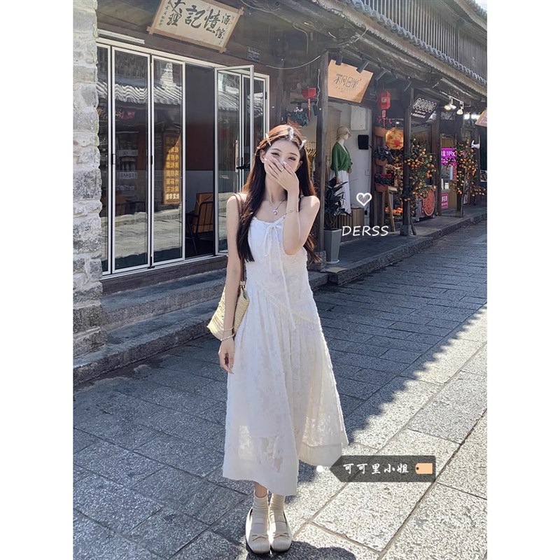 速发白色提风字带连衣裙法式温柔花初恋裙抽绳收腰A吊长裙