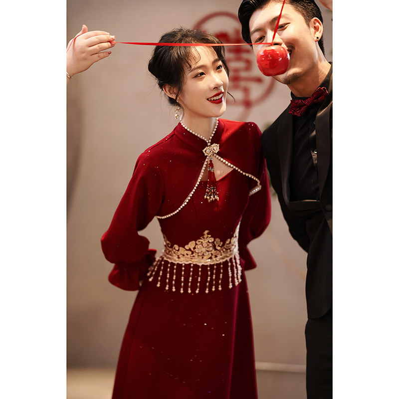速发敬酒服新子2021新款红色中式结婚订服回门婚长袖礼服小个娘冬