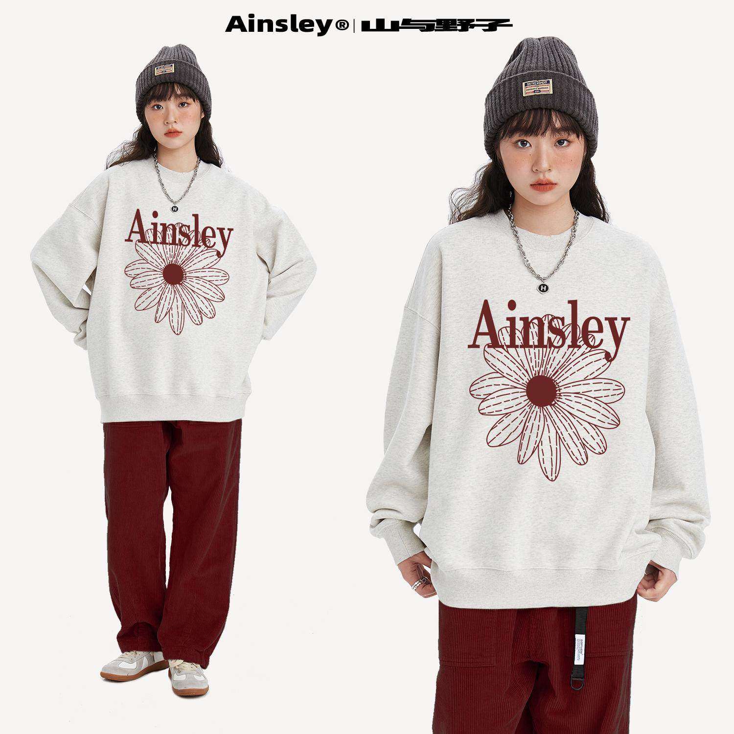 山与野子 韩系红色小雏菊卫衣女加绒冬季宽松显瘦重磅圆领上衣