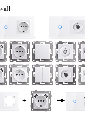 157*86白色触摸开关插座一开组合钢化玻璃联体德式法式USB电源家