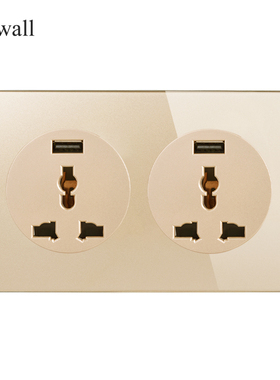 146型金色玻璃面板带USB带开关 通用三孔LED大光圈USB墙壁插座