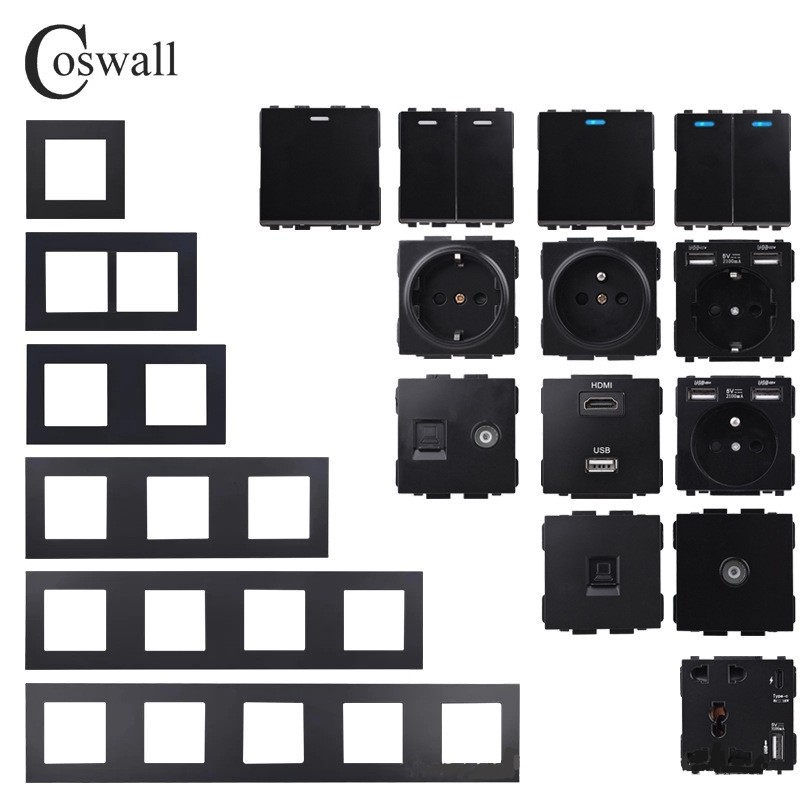 COSWALL 黑色PC面板欧标开关插座二孔三孔英式USB墙壁插座DIY组合