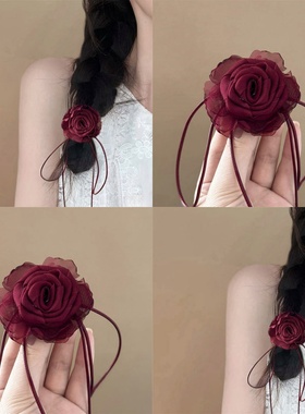 葡萄酒红色玫瑰头绳发圈女复古干枯玫瑰花朵头绳发饰头花发绳头饰